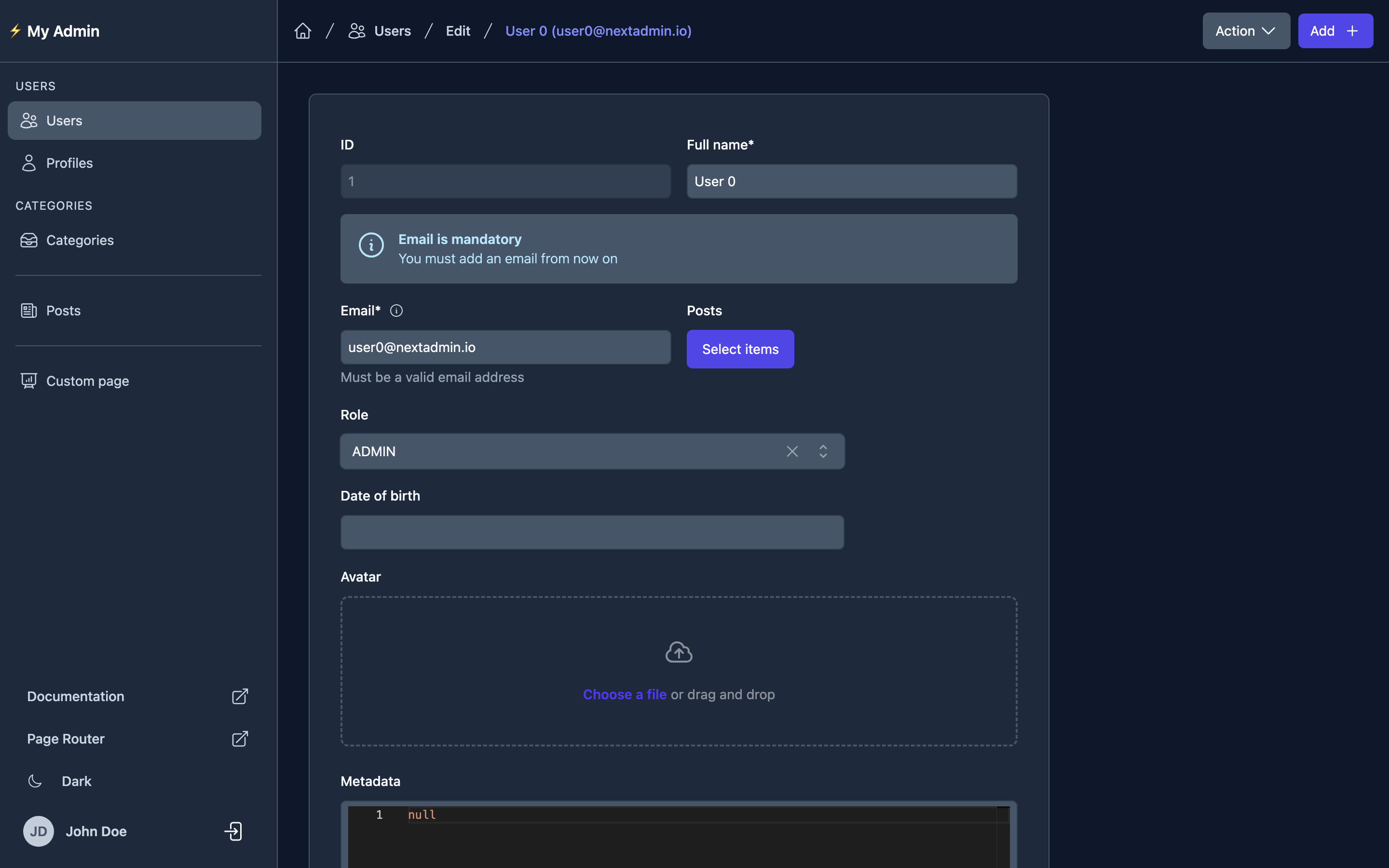 User edit form in dark mode with a validation notice, relation picker, enum select, file upload and JSON editor