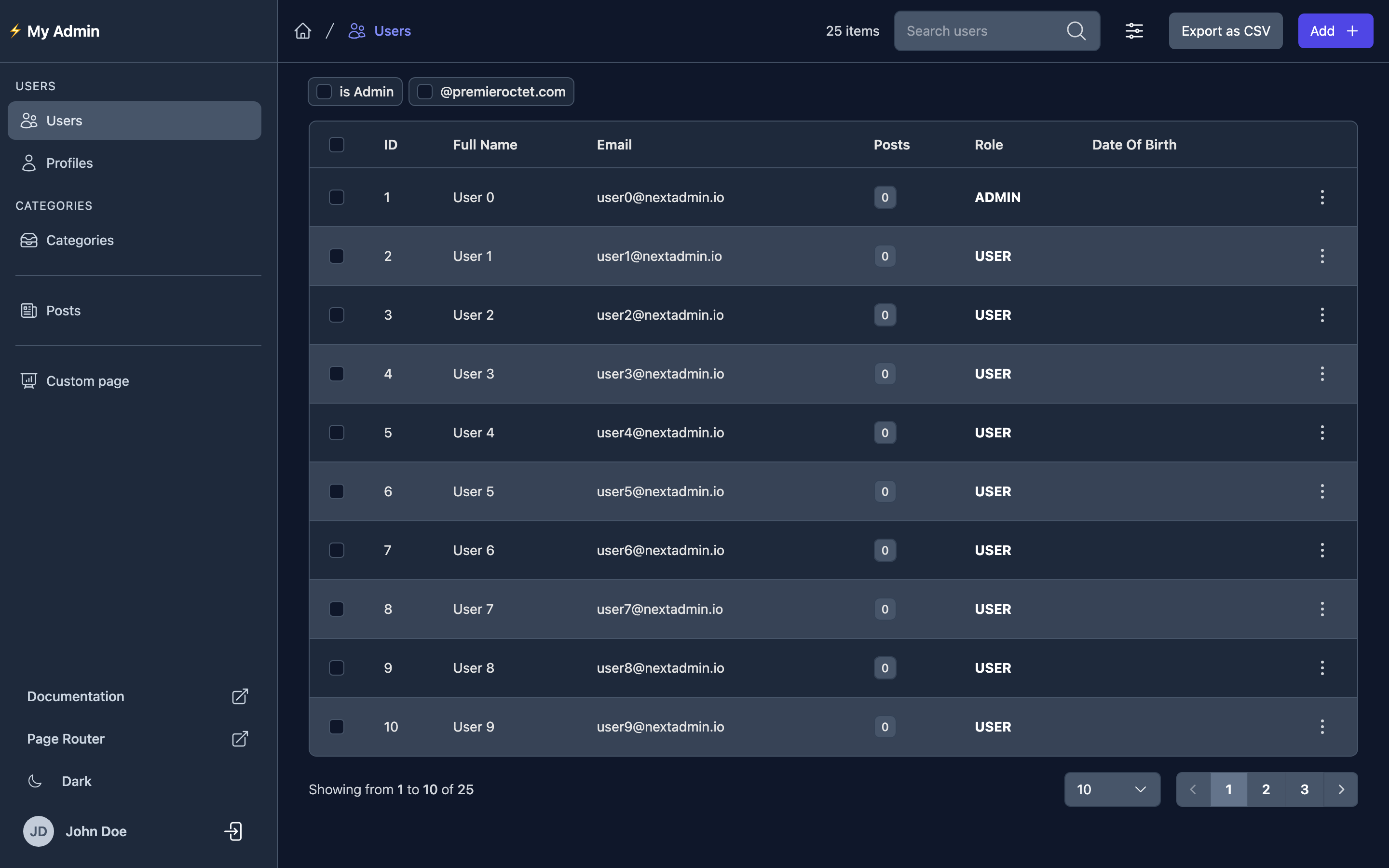 Users list in dark mode with search, quick filters, CSV export and pagination